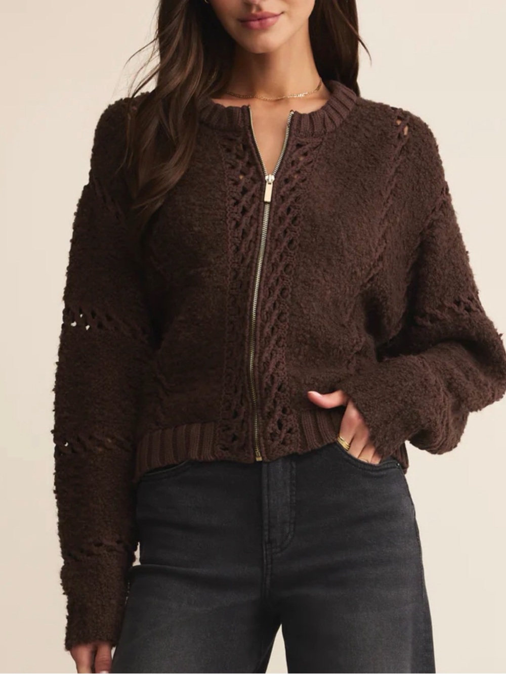 Z Supply Chocolate Brown Open-Knit Zip Cardigan